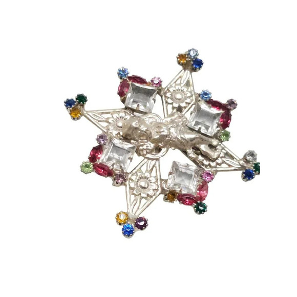 Multi-color Rhinestones Cherub Cross Brooch Pin Silver Tone Retro Style - Picture 2 of 4